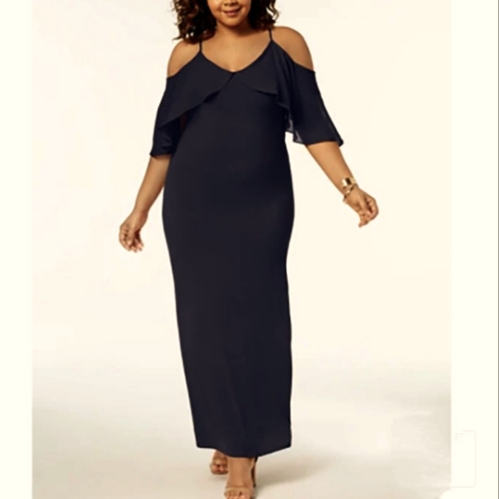 NY Collection Chiffon Cold Shoulder Maxi Dress in Black Sz L NWT